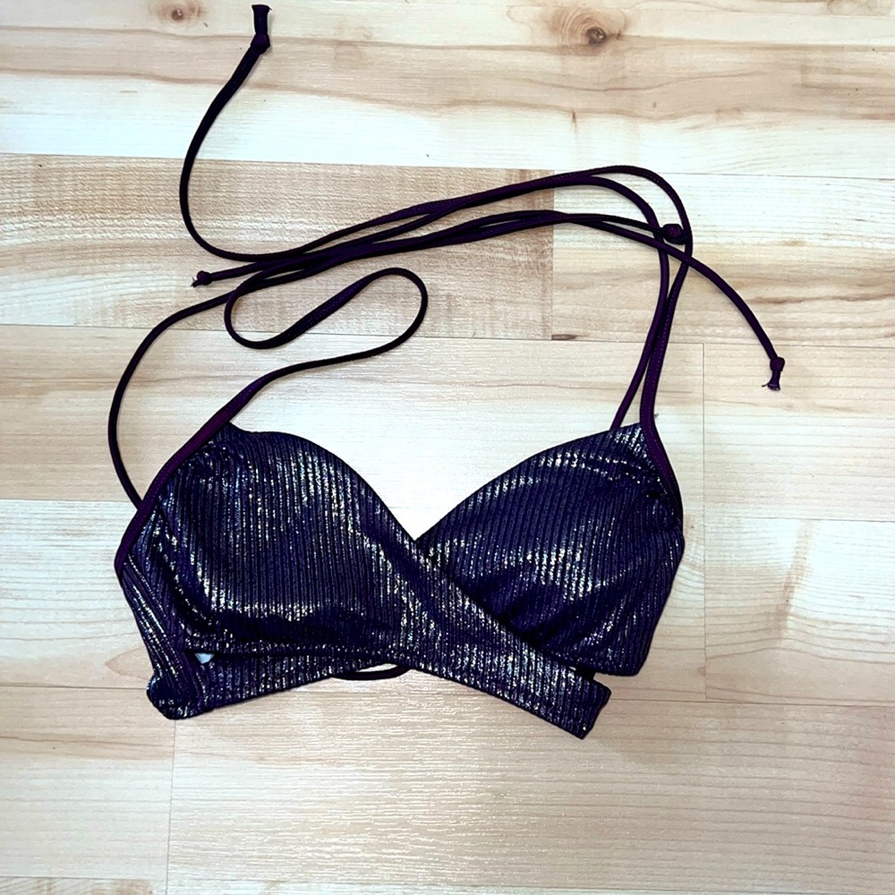 Victoria’s Secret dark purple sparkle striped crossover strappy bikini top, SM